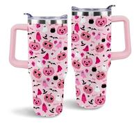 Halloween Tumbler, Cute Pink Pumpkin Ghost Tumbler with Handle and Straw, 40 oz Stainless Steel Insulated Water Bottle Halloween Gifts for Women