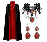 Halloween Vampire Cloak Capes Reversible Stand-Up Collar, Vampire Hooded Cloak for Kid, Black Red Two-sided Fancy Cape with Gothic Vampire Jewelry Set, Witch Vampire Costume Cosplay for Boys Girls
