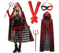 Halloween Vampire Cloak Costume Adult 4Pcs Vampire Devil Cloak Outift with Hooded Vampires Cape Devil Gloves Mask Fork, Witch Gothic Unisex Adult Cosplay Costume for Halloween Carnival Cosplay