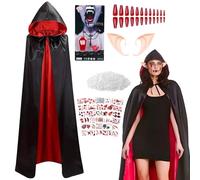 Halloween Vampire Costume, 120 cm Double Cape with Hood, Adults, Vampire Teeth, Artificial Blood, Red Nails, Tattoo Stickers, Halloween Cape Vampire Red Black Cape with Hood, Dracula Costume on Both