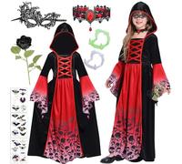 Halloween Vampire Costume Girls, 9 Pieces Queen Costume Vampire Dress Fancy Dress with Collar, Children's Gothic Dracula Costume with Teeth Rose Halloween Costume for Fancy Dress Cosplay Theme Party