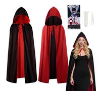 Halloween Vampire Costume, Halloween Costume Women's Vampire 160 cm Double-Sided Red Black Vampire Cape with Hood & Vampire Teeth & Artificial Blood, Cape Dracula Costumes for Adults Women Girls
