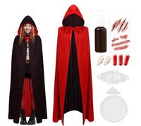 Halloween Vampire Costume, Vampire Cape, 120/140 cm Vampire Cape Children, Double-Sided Black Red Cape with Hood, Vampire Teeth, Artificial Blood Tattoo Sticker, Vampire Costume for Halloween
