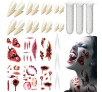 Halloween vampire fake teeth fangs Wound Kit: 8 pairs fangs, 3 bottles adhesive beads, 3 tweezers, 6 sheets scars blood tattoos for parties, vampire cosplay Props Halloween Horror Party accessories
