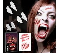 Halloween Vampire Teeth, 3 Pairs of Catching Kit with Pellets Adhesive (Reusable), Vampire Teeth Suitable for Horror Costume, Scary for Halloween Cosplay Party, Zombie, Monster, Cosplay, Devil
