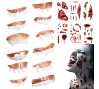 Halloween Vampire Teeth Horror Wound Kit 12 Pairs fangs Monster Vampire Teeth 6 Sheets Bloody Wound and Scar Tattoos Spooky Haunted House Parties, adult Cosplay, and Trick or Treat Fun!