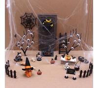 Halloween Village Accessories Mini 55 Piece Halloween Resin Toy Set Include Pumpkins Skeletons Scary Dead Warlock Tombstones Coffin Spiders Pine Trees Fence Figurines for Hallowmas Party Decor