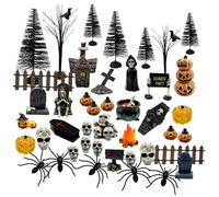 Halloween Village Accessories Ornaments - 46Pcs Miniature Pumpkin Skeleton Tombstones Spider Pinetrees Figurines Resin Horror Village Mini Halloween Figurines for Hallowmas Town Party Decor
