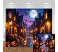 Halloween Village Street Full Moon Bat Backdrop 10x8ft