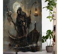 Halloween Vintage Dead Skull on Boat Shower Curtain Gothic Dark Grey Horror Skeleton Holding Lantern on Full Moon Night Fabric Halloween Bathroom Decor (Skull)