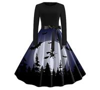 Halloween Vintage Dresses for Women UK 1950s Retro Long Sleeve A-line Skater Swing Witch Lace Fall Dress Printed Swing Maxi Dress Cocktail Party Halloween Costume Dress Up Plus Size