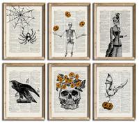 Halloween Vintage Wall Art Prints - Gothic Dictionary Page Posters, Spooky Skeleton Skull Spider Bat Raven Décor for Living Room, Bedroom, Office, Gallery - Set of 6 (A4 Size, Unframed)