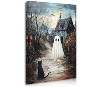 Halloween Wall Art Cute Ghost Painting Prints Large Framed Gothic Canvas Wall Art for Living Room Spooky Black Cat Pictures Dark Academia Wall Decor Horror Haunted House Decors 16"x24"