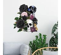 Halloween Wall Decals French Country Black Bird Crow Skull Decor Happy Halloween Stickers Rose Flowers Welcome Halloween Wall Decor Vinyl Removable Decor for Halloween Party Bedroom Living Room