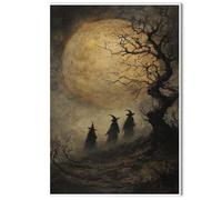 Halloween wall decoration witch under the golden full moon oil painting art print ghost gothic forest scene mysterious dark aesthetic style poster living room bedroom