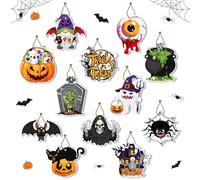 Halloween Wall Decorations, 12-Piece Set, Spooky Hanging Ornaments with Pumpkins, Bats, Ghost, Witch, Spider Web Design