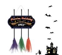 Halloween Wall Hanging Decor,Ompinda Spooky Broom Parking Porch Sign with 3 Witch Brooms for Outdoor Front Porch or Indoor Living Room (Style B)