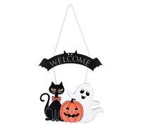 Halloween Welcome Door Sign, Ghost Pumpkin Black Cat Halloween Decorations Front Door Wreath Hanger Wooden Hanging Plaque Decor for Home Porch Wall Yard Haunted House Party