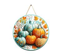 Halloween Welcome Pumpkin Wreath Sign - Blue and Orange Round Door Hanging Decoration for Festive Entryway (30cm)