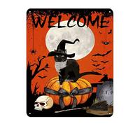 Halloween Welcome Witch Cat Pumpkin Metal Sign Spider Web Bat Skull Crow Metal Tin Sign Eat Drink Be Scary 12x16in Modern Poster Art Design for Office Bedroom Living Room Club