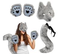 Halloween Werewolf Mask Gloves & Tail Set Realistic Wolf Mask,Furry Gloves &Tail,Complete Wolf Costume Cosplay Christmas