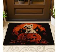 Halloween Westie Dog Front Black Door Mat Outside Inside Entrance 29 * 17, Spooky Pumpkins Outdoor Indoor Washable Doormat, Small Pet Shoes Off Doormat for Patio Interior Garage