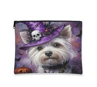 Halloween Westie Dog Makeup Bag 7x9 Inch for Travel Purse, Fun Gothic Witch Bat Pattern Cosmetic Pouch for Women, Witchy Portable Canvas Zipper Organizer