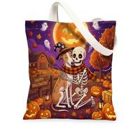 Halloween Whippet Dog Canvas Tote Bag for Shopping 13 * 15, Fall Fun Skeleton Reusable Grocery Bag for Women, Farm Travel Pattern Gift Decoration