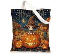 Halloween Whippet Dog Canvas Tote Bag for Shopping 13 * 15, Holiday Farm Reusable Grocery Shoulder Bag for Women, Pumpkins Painting Gift Decor