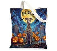 Halloween Whippet Dog Canvas Tote Bag for Shopping 13 * 15, Holiday Graveyard Reusable Grocery Bag for Women, Pumpkins Work Travel Painting Gift Decor