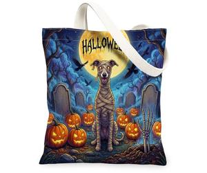 Halloween Whippet Dog Canvas Tote Bag for Shopping 13 * 15, Holiday Graveyard Reusable Grocery Bag for Women, Pumpkins Work Travel Painting Gift Decor
