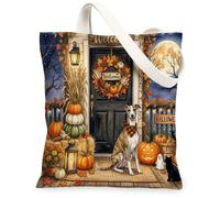 Halloween Whippet Dog Canvas Tote Bag for Shopping 13 * 15, Holiday Welcome Reusable Grocery Bag for Women, Cute Work Travel Painting Gift Decor