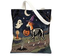 Halloween Whippet Dog Canvas Tote Bag for Shopping 13x15, Horror Puppy Graveyard Reusable Grocery Print Pattern Bag for Women, Spooky Scary Aesthetic Painting Gift Decor