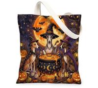 Halloween Whippet Dog Canvas Tote Bag for Shopping 13x15, Vintage Puppy Witch Cauldron Reusable Grocery Print Pattern Bag for Women, Scary Beach Aesthetic Painting Gift Decor