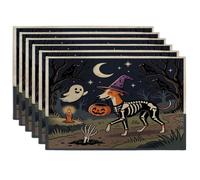 Halloween Whippet Dog Placemats Set of 6, 12x18 Inch, Horror Puppy Graveyard 6Pcs Soft Table Mats for Home Dinning, Spooky Scary Holiday Party Kitchen Print Pattern Decor
