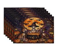 Halloween Whippet Dog Placemats Set of 6, 12x18 Inch, Vintage Puppy Witch Cauldron 6Pcs Soft Table Mats for Dinning, Scary Pattern Holiday Home Kitchen Decor