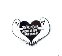 Halloween White Ghost Holding Black Heart Statement Enamel Brooch Pin for Women Girls Boys Funny Creative Novely Spooky "You‘Re Never Aldne If You Have Demons" Words Lapel Badge Backpacks Hats Clothes
