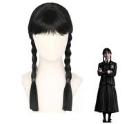 Halloween Wig, Addams Cosplay Wig Long Hair Heat Resistant Double Braided Black Wigs With Bangs for Halloween Cosplay
