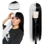 Halloween Wig Black and White Halloween Wig for Cosplay & Costume - Harley Quinn, Wednesday, Kim Possible, Cruella De Vil - 70 cm Long, Half Black Half White, Natural Looking Wig