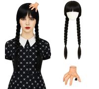 Halloween Wig, Black Long Braided Wig for Women and Girls, Adjustable Fancy Dress Wigs with Horror Hairpin, Gothic Style Costume Accessory for Halloween Parties and Cosplay
