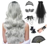 Halloween Wig Women's Grey, 68 cm Grey Long Wavy Curls, Grey Wig Women with Gothic Necklace Bracelets Veil, Hand Fans, Cuffs, Mask for Halloween, Carnival, Fancy Dress, Theme Party
