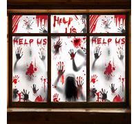 Halloween Window Decorations Zombie Posters - 3 Pcs Giant Bloody Handprints Zombie Silhouettes, Creepy Window Treatment Wall Decor Door Covers for Halloween Scary Haunted House Party Decorations