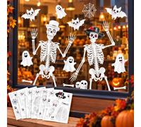 Halloween Window Stickers, 6 Large 30 x 40 cm Sheets, Skeleton Window Clings with Ghosts, Bats, Skulls & Bones, Reusable Static Decals, Spooky Halloween Decorations for Home, Party & Shop