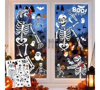 Halloween Window Stickers, 6 Sheets Skeleton Ghost Bat Spider Clings | Large 30 x 40cm static window clings with skeletons, ghosts, bats, spiders, skulls and bones for spooky Halloween decorating