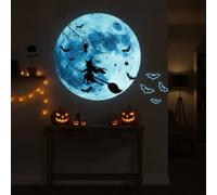 Halloween Window Stickers Decorations, Halloween Witch Bats Windows Clings | Halloween glow in the dark Blue Full Moon Witch Bats Decorations, 7.9 Inches