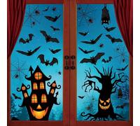 Halloween Window Stickers, Halloween Window Decorations, 63pcs Double Sided Reusable Bats Spiders Windows Clings for Haunted House, Party, Scary Scene, 4 Sheet