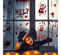 Halloween Window Stickers, Halloween Window Decorations, Scary Bloody Handprint Windows Clings, 43pcs Double Sided Skullprint Reusable for Haunted House, Party, Scary Scene, 7 Sheet