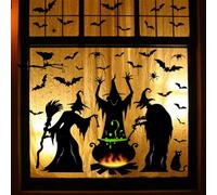 Halloween Window Stickers, Large Witch, Cauldron, Bat, Spider & Black Cat Silhouette Clings, Reusable Spooky Window Decorations for Home, Office & Party (2 Set)