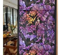 Halloween Window Stickers Privacy Film Static Window Sticker Decal Halloween Bat Window Decals Film Purple Stained Glass Clings Windows Art for Home School Office Glass Decoration