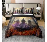 Halloween Witch 100% Natural Cotton Duvet Cover Set (No Comforter) Super King Country Skull Comforter Cover 3 PCS Outdoor Wild Trees Maple Leaves Bedding Set for Bedroom Birthday Gifts